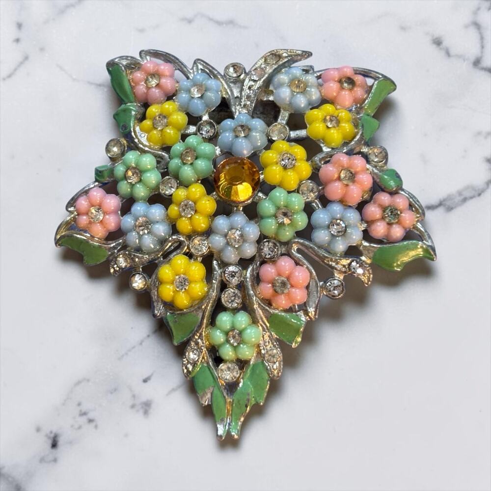 Vintage 1930s Floral Dress Clip Pot Metal Rhinestone Glass Flower Dress Clip